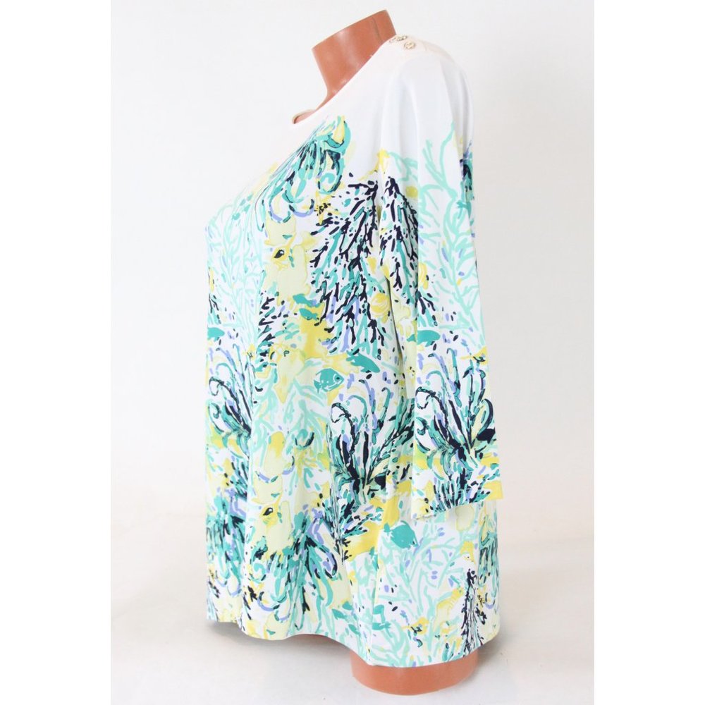 Charter Club Button-Trim Printed 3/4 Sleeve Top - Picture 6 of 8